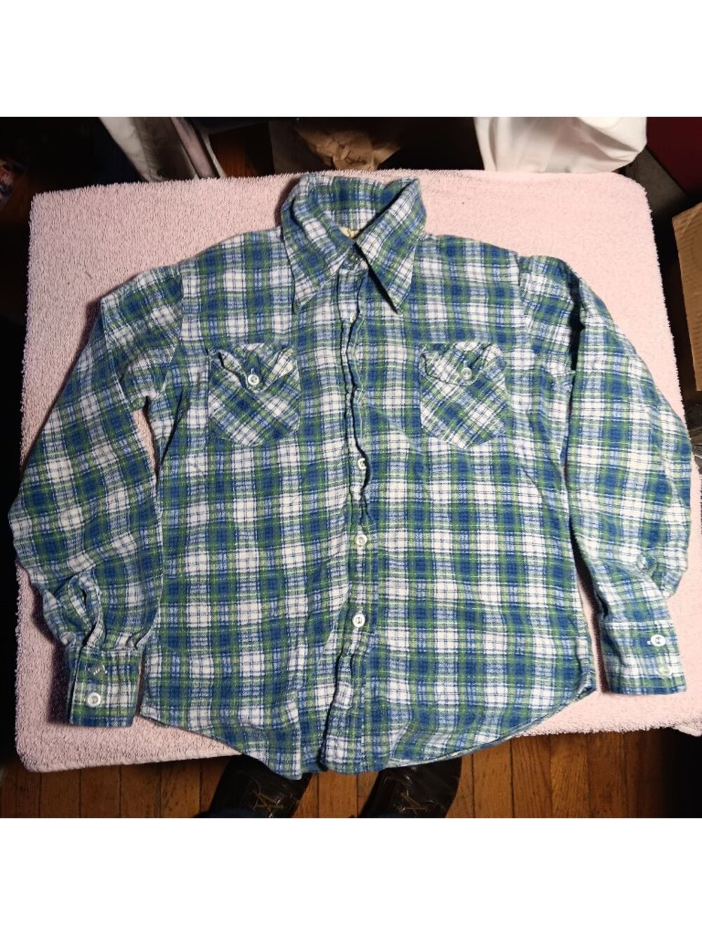 Girls Vintage Skater Flannel Top 10 1970's Green Blue Plaid 100% Cotton